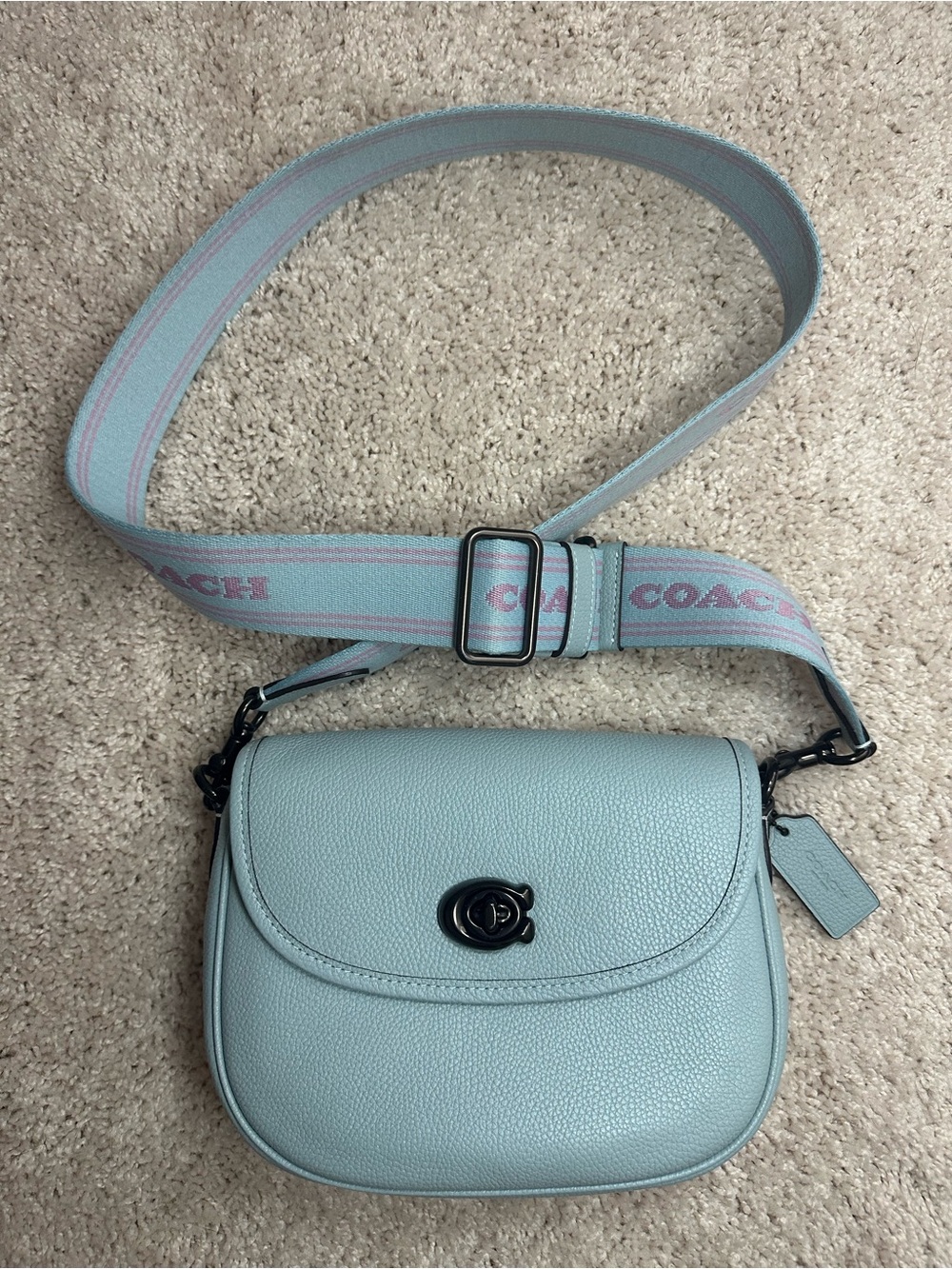 Coach Light Blue Pebbled Leather Crossbody with Branded Strap